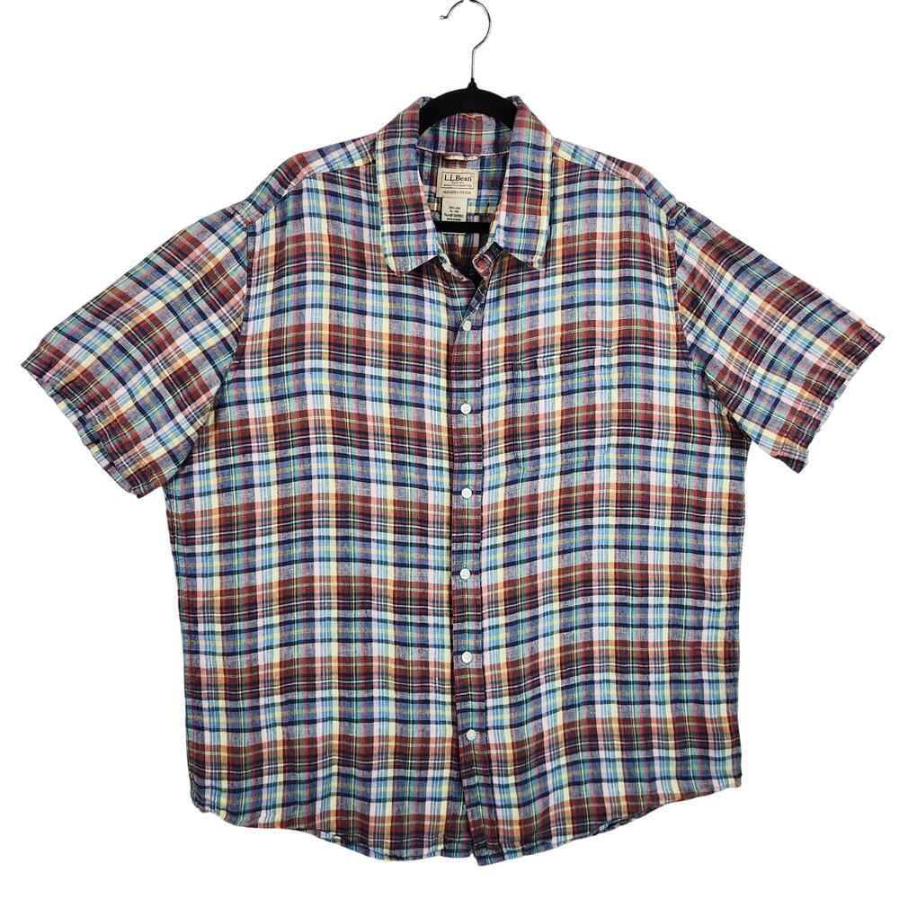 LL Bean VNTG Linen Plaid Shirt Button Up Mens XL Slightly Fitted Short Sleeve
